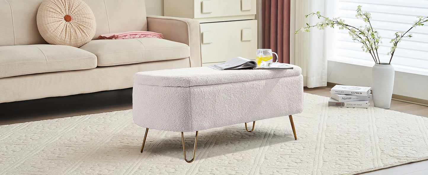 40" Boucle Sherpa Upholstered Ottoman Bench with Gold Legs - Storage for Bedroom End, Entryway, Living Room