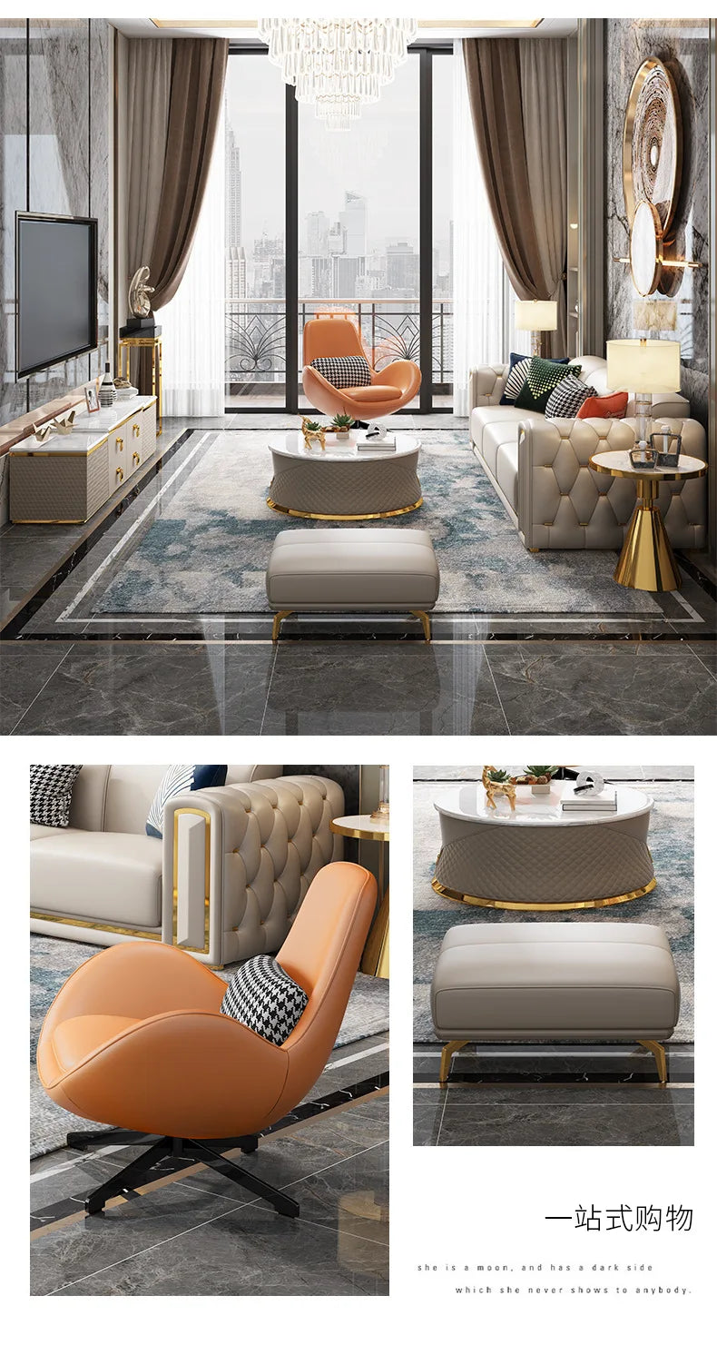 Cross-border Light Luxury Sofa Simple Modern Leather Sofa Italian Minimalist Villa Living Room Buckle Leather Sofa Combination