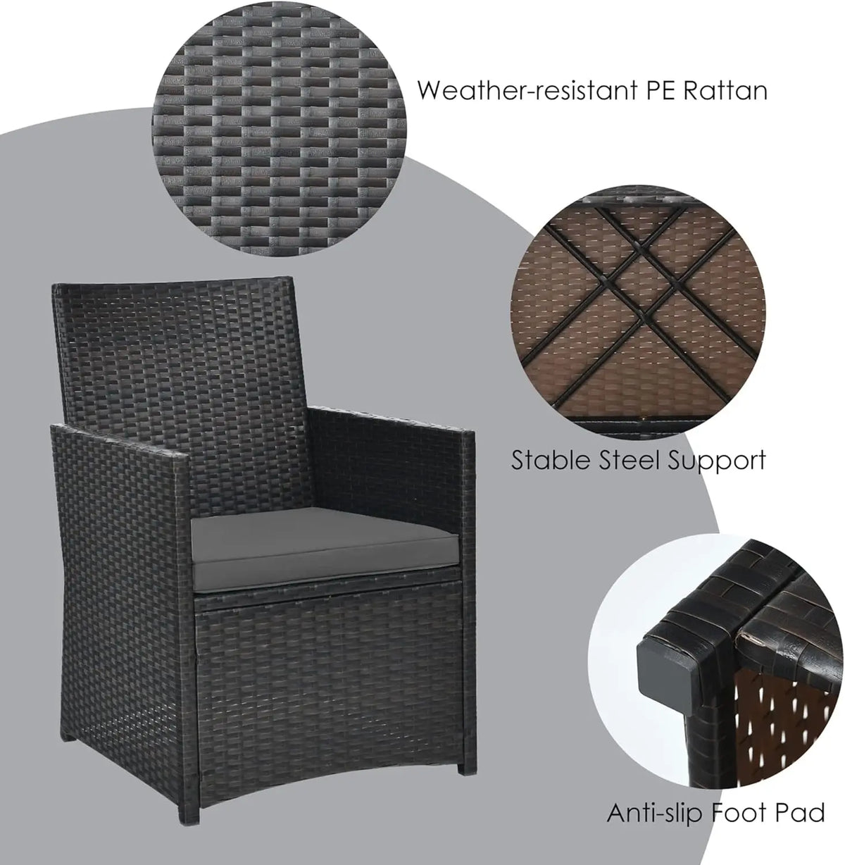 3-Piece Outdoor Rattan Bistro Set with Cushions, Glass Top, Grey