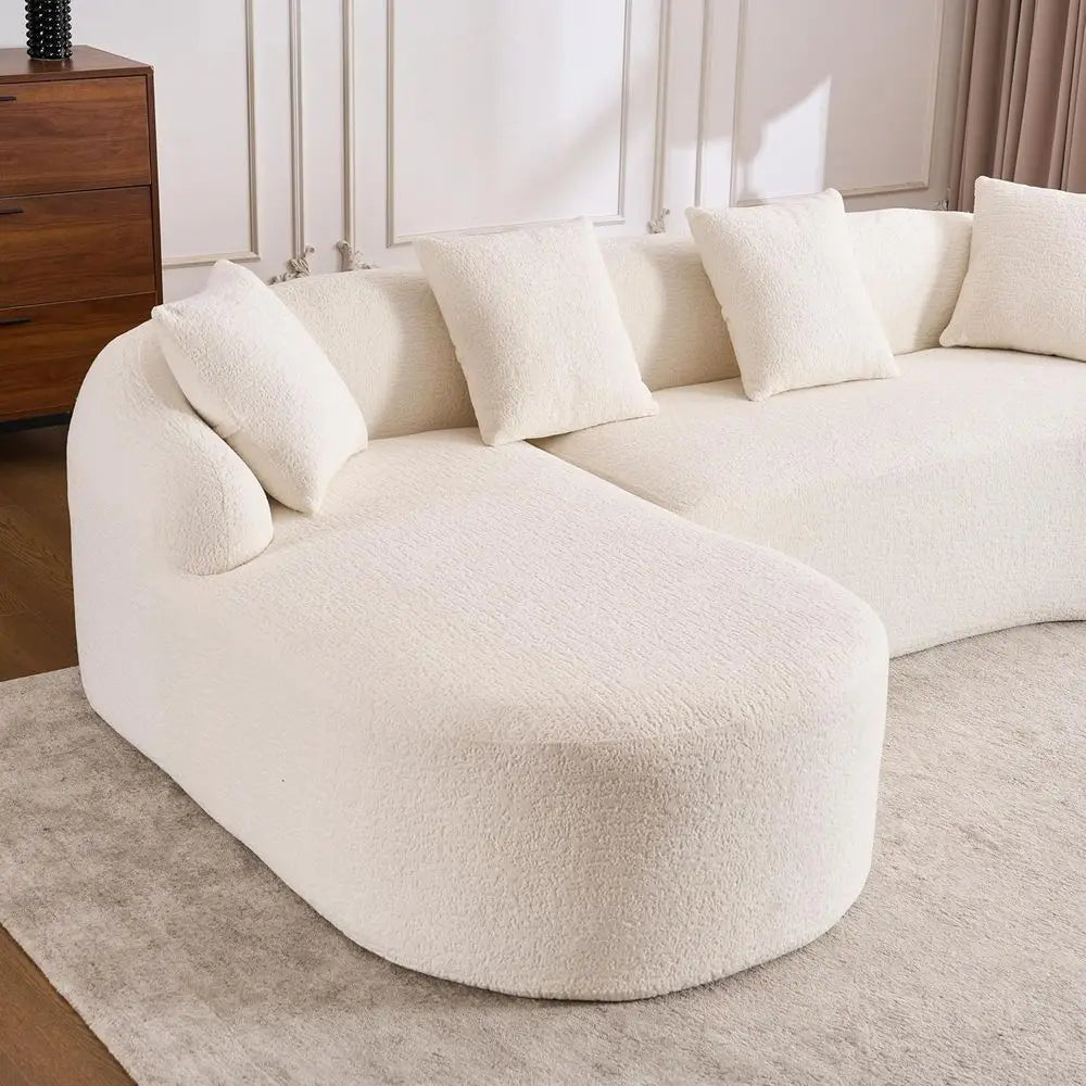 Curved Sectional Sofa, Oversized L-Shape Deep Seating Cloud Sofa, 4-Seater Chenille Couch with Chaise, Ready to Use, Beige White