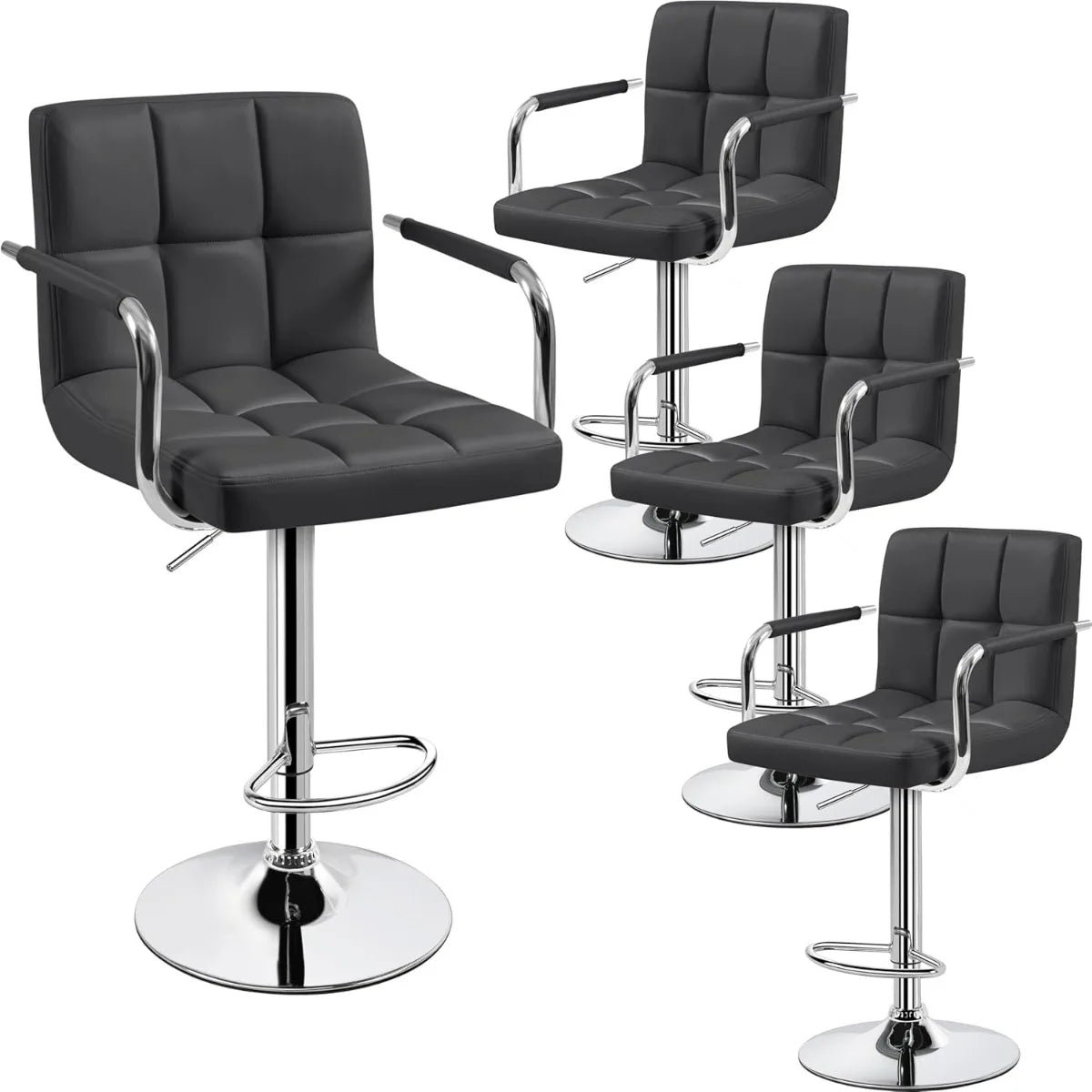 Lot de 2 tabourets de bar pivotants réglables, hauteur de comptoir hydraulique avec accoudoirs et dossier, cuir PU pour cuisine et bar, blanc