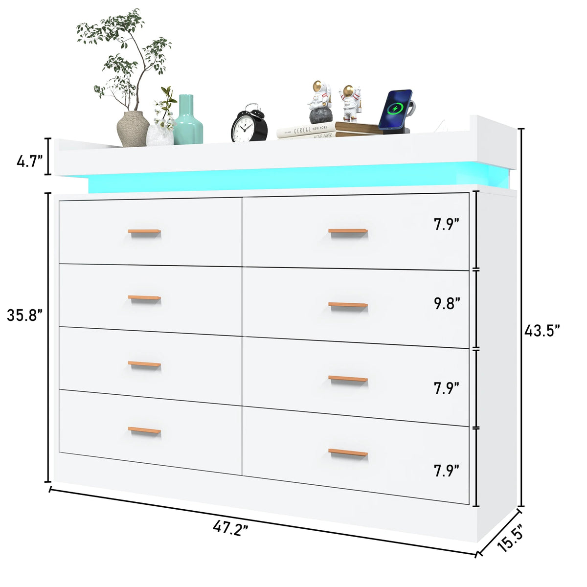 8 Drawer Dresser with LED Light, Modern Chest of Drawers for Closet, 47
