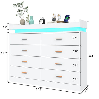 8 Drawer Dresser with LED Light, Modern Chest of Drawers for Closet, 47" Wide Drawer Organizer Cabinet for Bedroom, Living Room