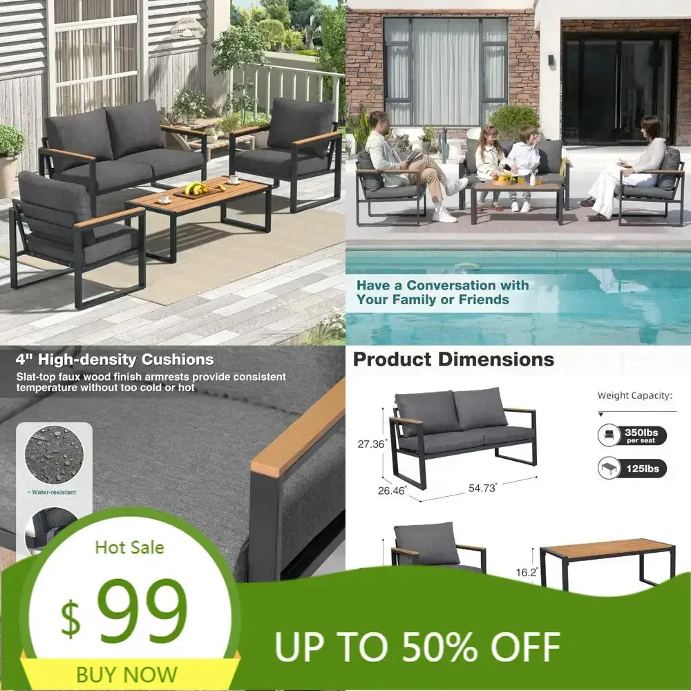 4-Piece Outdoor Patio Furniture Set with Metal Conversation Area and Washable Cushions