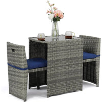 3 PCS Wicker Outdoor Patio Bistro Set, Patio Furniture Set for Small Space with Glass Top Table Dining Chairs, Balcony Fu