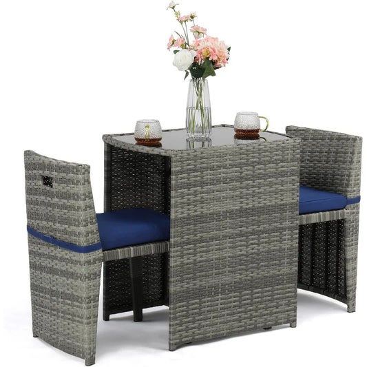 3 PCS Wicker Outdoor Patio Bistro Set, Patio Furniture Set for Small Space with Glass Top Table Dining Chairs, Balcony Fu