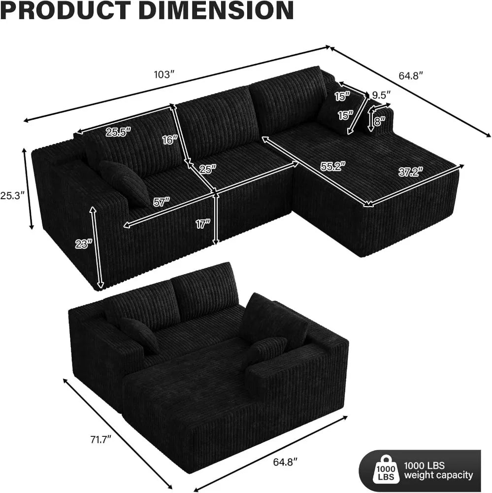 L Shaped Sectional Sofa, Modern Deep Seat Modular Cloud Couch with Right Chaise, No Assembly Needed, Black