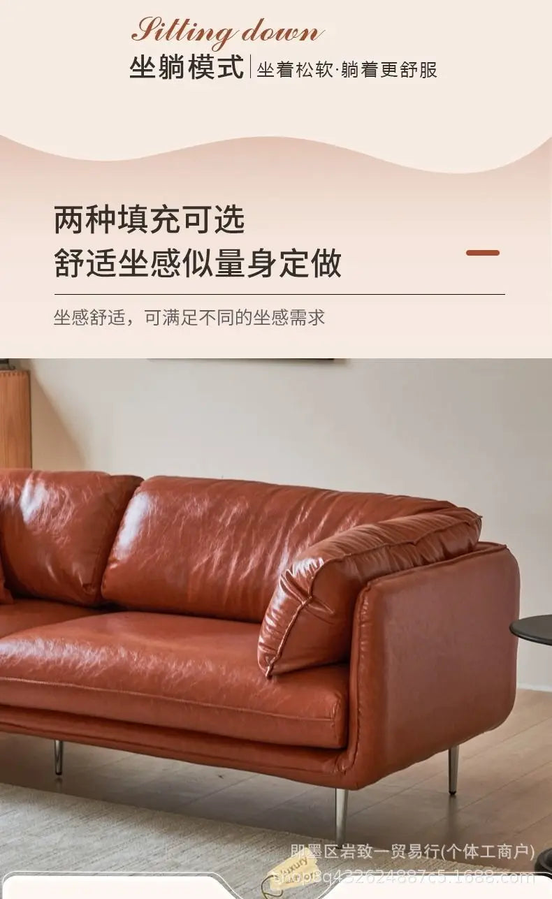 Retro oil wax leather living room sofa Modern simple small apartment sofa