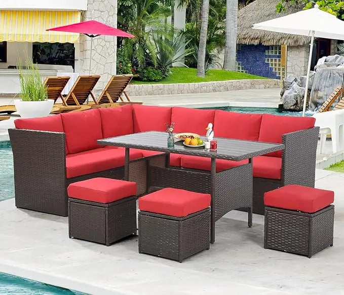 Pieces Patio Furniture Set with Table, Outdoor Patio Furniture, Outdoor Dining Sectional Sofa with Table&Chair, Brwon