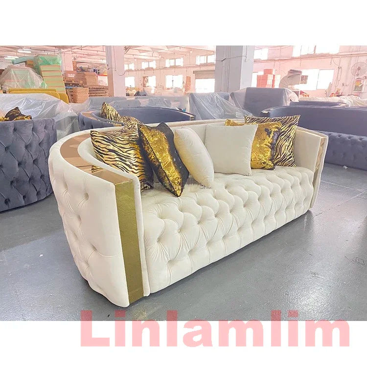 Chesterfield Living Room Sofa Sets Italian Genuine Leather Sectional Couch with Leather Buttons, Stainless Steel Trims
