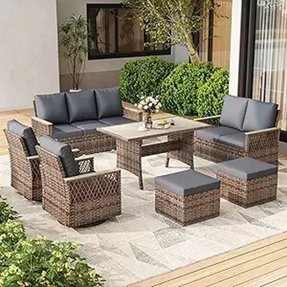7-Piece Outdoor Patio Furniture Set with Swivel Glide Chairs, Ottomans, Sofa, Loveseat, and Dining Table for All-Weather Use