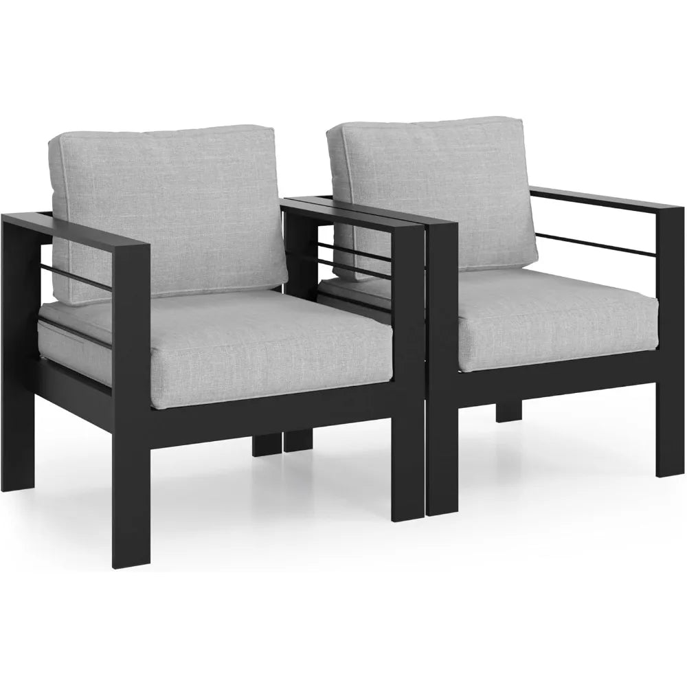 Patio Furniture Metal Armchair,2 PCS All-Weather Aluminum Garden Outdoor Contemporary Sofa Chair with Cushions, Light Grey