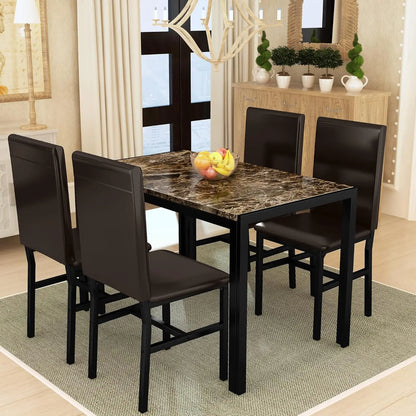 Dining Table Set for 4, Faux Marble Table with 4 PU Leather Chairs, Kitchen Breakfast Nook Set