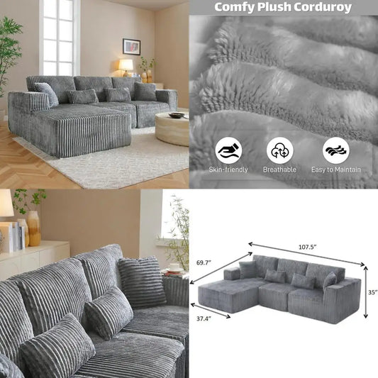 126" Modern FabricBoneless Couch with Deep Seat,Sectional Couches for Living Room,Upholstered Cloud Sofa with2Ottoman,Customized