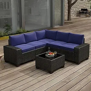 6 Pieces Patio Furniture Set, Outdoor Sectional Set of 6 w/Wide Armrest, Waterproof Wicker Conversation Set for Backyard, Deck,