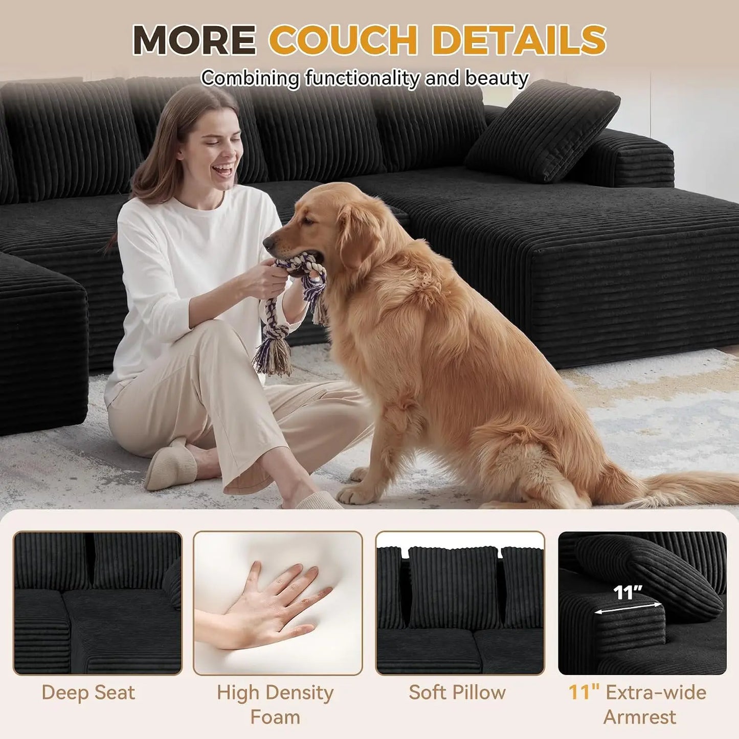 131'' Oversized Boneless Cloud Couches with Chaise, Deep Seat U Shaped Modular Sectional Sofa for Living Room 1PCS,, Customized