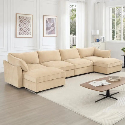 U-Shaped 4-Seat Deep Seat Sofa Couch with 2 Movable Ottomans, Oversized Modular Sectional Sofa with Storage Drawers Under Each