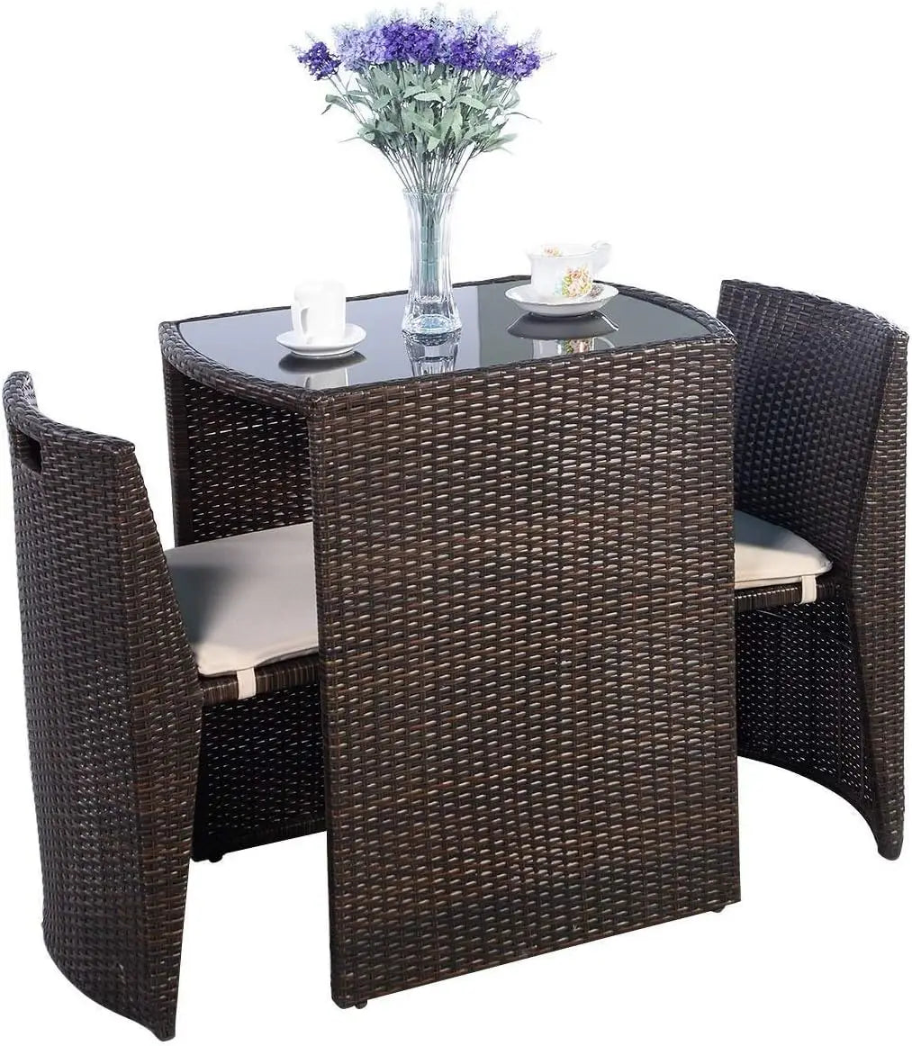 3 PCS Cushioned Outdoor Wicker Patio Set Convention Bistro Set Garden Lawn Space Saving Conversation Sofa Furniture