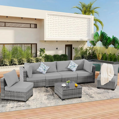 7 Pieces Outdoor Patio Furniture Set, Sectional Sofa Set Rattan Patio Conversation Sets with Couch Set &Table for Outside Garden