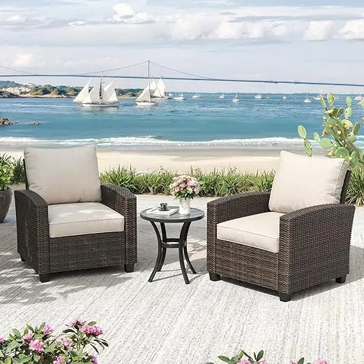 3-Piece Outdoor Wicker Furniture Set with Two Chairs and Metal Side Table for Patio Conversations