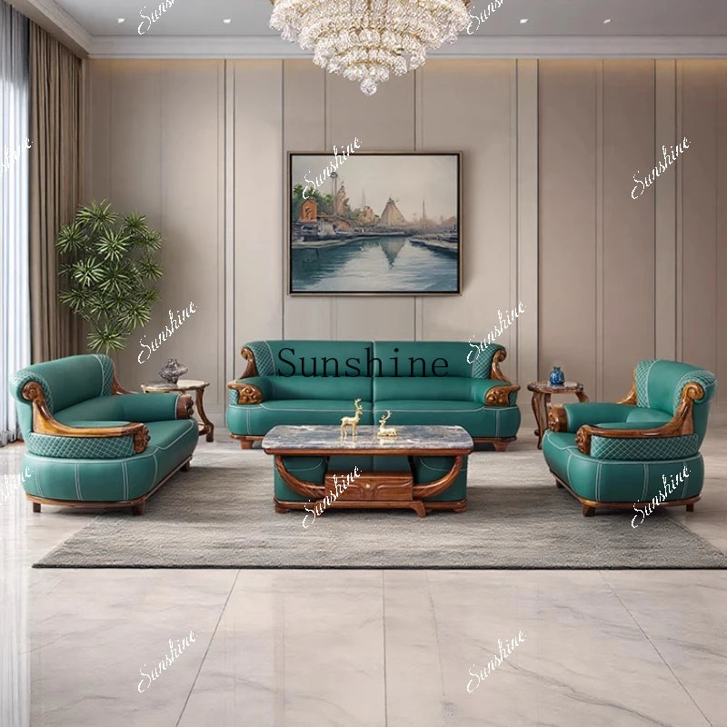 New Chinese-style thick leather sofa with solid wood 123 living room combination large apartment villa furniture  FT