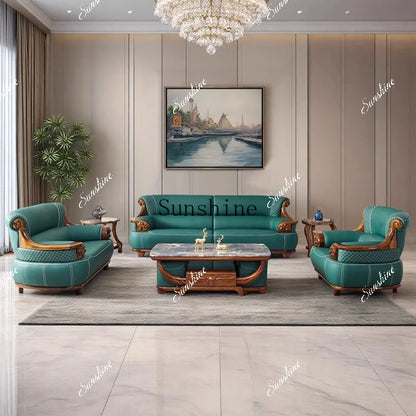 New Chinese-style thick leather sofa with solid wood 123 living room combination large apartment villa furniture  FT
