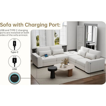 Modular Sectional Couches for Living Room - Convertible L Shaped Couch Beige 4 Seater Living Room Furniture Set - Sofa