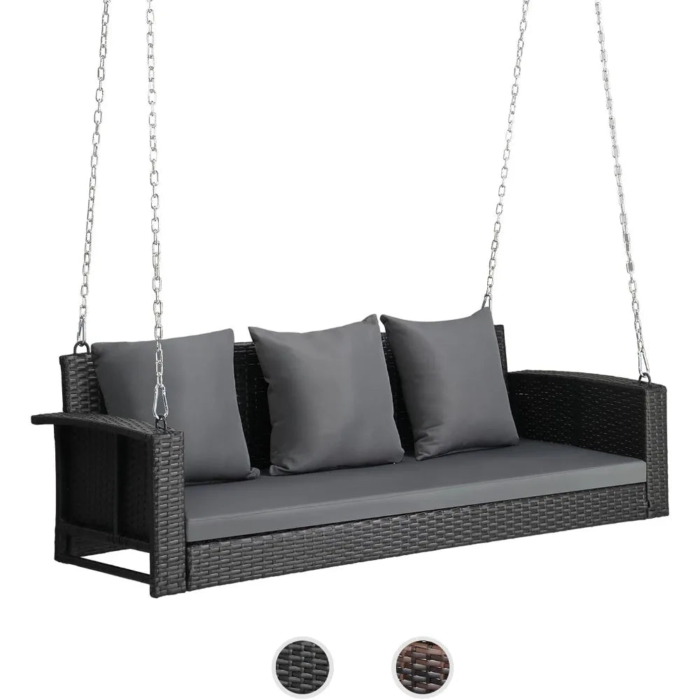 Sturdy 800-Pound Capacity Wicker Swing with Cushions and Chains, 5-Foot Outdoor Rattan Bench for Patio and Garden Use
