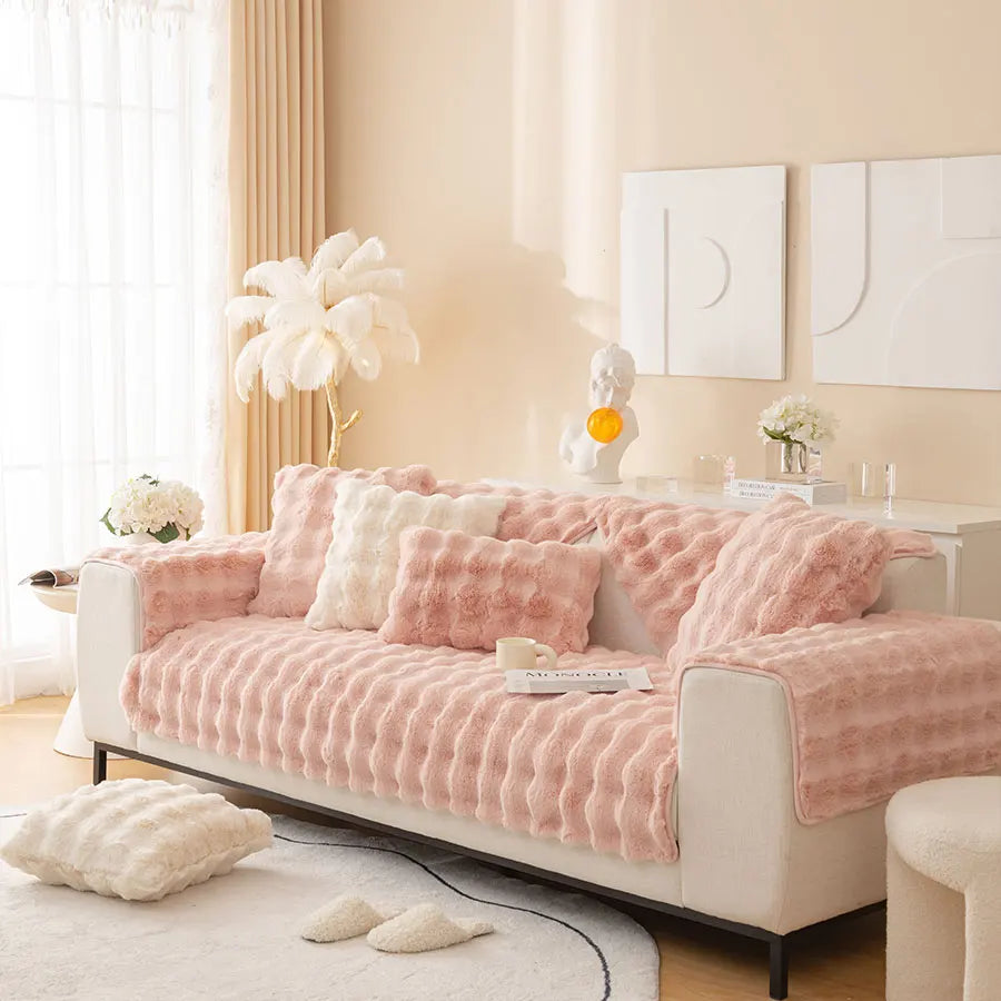1pc Imitation Rabbit Plush Sofa Cover Winter Warm Thick Plush Soft Sofa Slipcover Pet Favorite Non-slip Protective Couch Cover