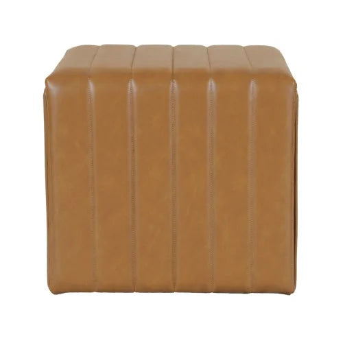 Footstool Ottoman, Channel Tuft Caramel Brown Faux Leather 19 Inch