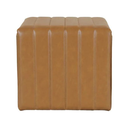 Footstool Ottoman, Channel Tuft Caramel Brown Faux Leather 19 Inch
