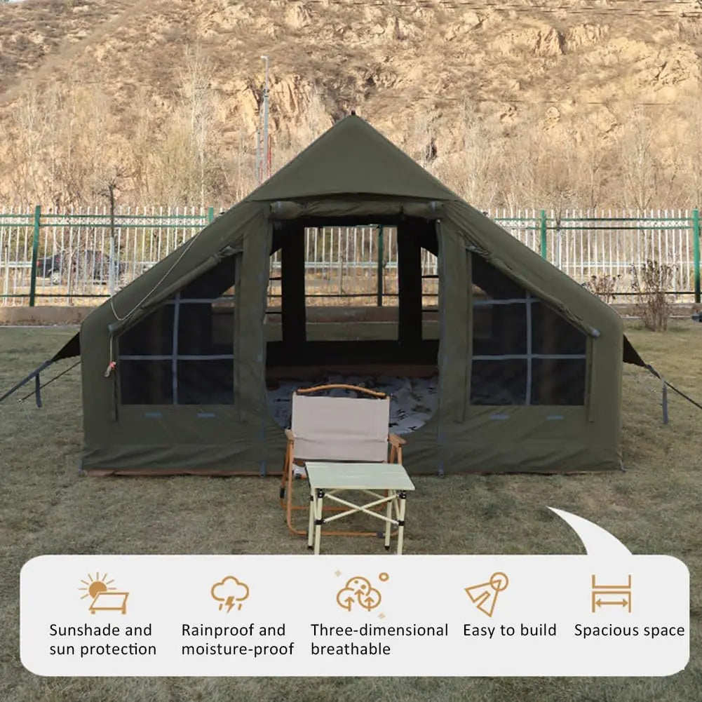 129 SqFT Inflatable Tent ,8-10 Person Blow Up Tent with Stove Jack Hole,4 Season Waterproof Camping Tent Large Pop-Up Tents