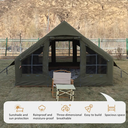 129 SqFT Inflatable Tent ,8-10 Person Blow Up Tent with Stove Jack Hole,4 Season Waterproof Camping Tent Large Pop-Up Tents