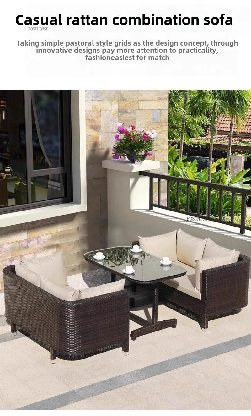 European Outdoor Garden Sofas Leisure PE Rattan Garden Terrace Sofa Chair Set Courtyard Balcony Double Sofa Outdoor Furniture AA