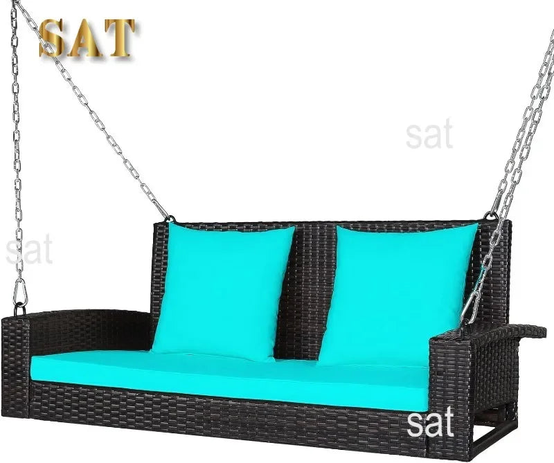 l Hanging Porch Swing, 2-Person Outdoor Wicker Swing Chair Bench With Cushions, Steel Chains For Garden, Backyard, Deck L