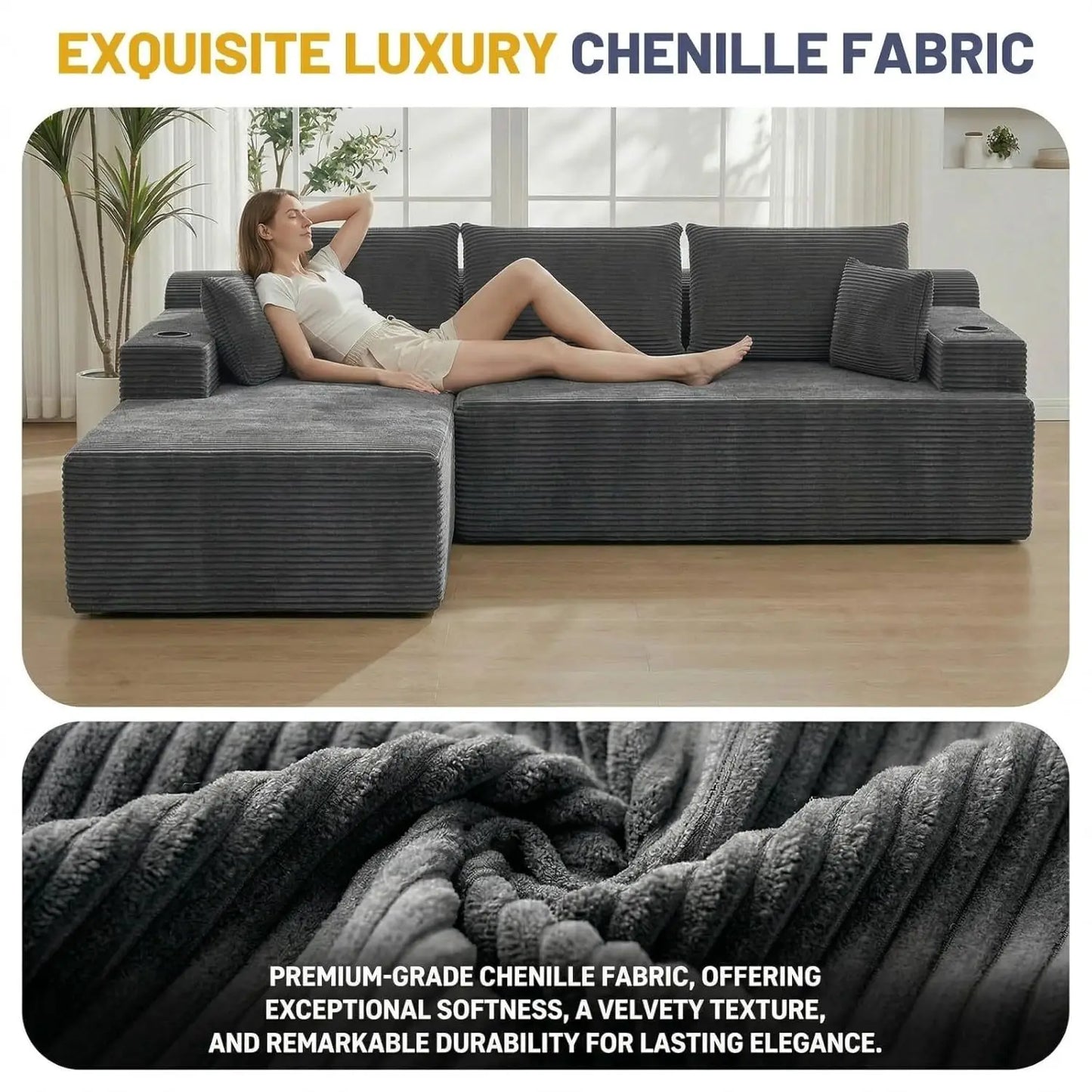 105" L Shaped Sectional Couch, Cloud Modular Boneless Sofa with 2 Cup Holders, Oversized Corduroy Floor Sofa with, Custom