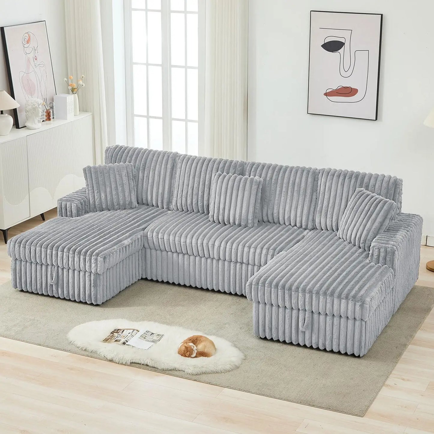 TODRANI 122 inch Overisze U Shaped Sleeper Sofa Pull Out Bed, Sleeper Sofa with Double Storage Chaise for Living Room