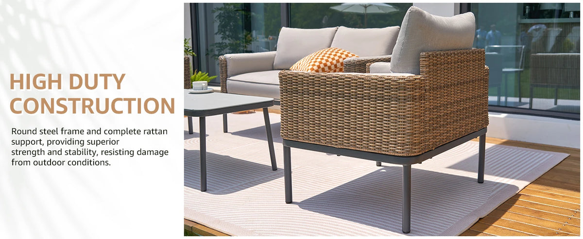 4-Piece Wicker Patio Furniture Set, All-Weather Rounded Rattan Conversation Set Sectional Sofa with 5'' Thick Cushions