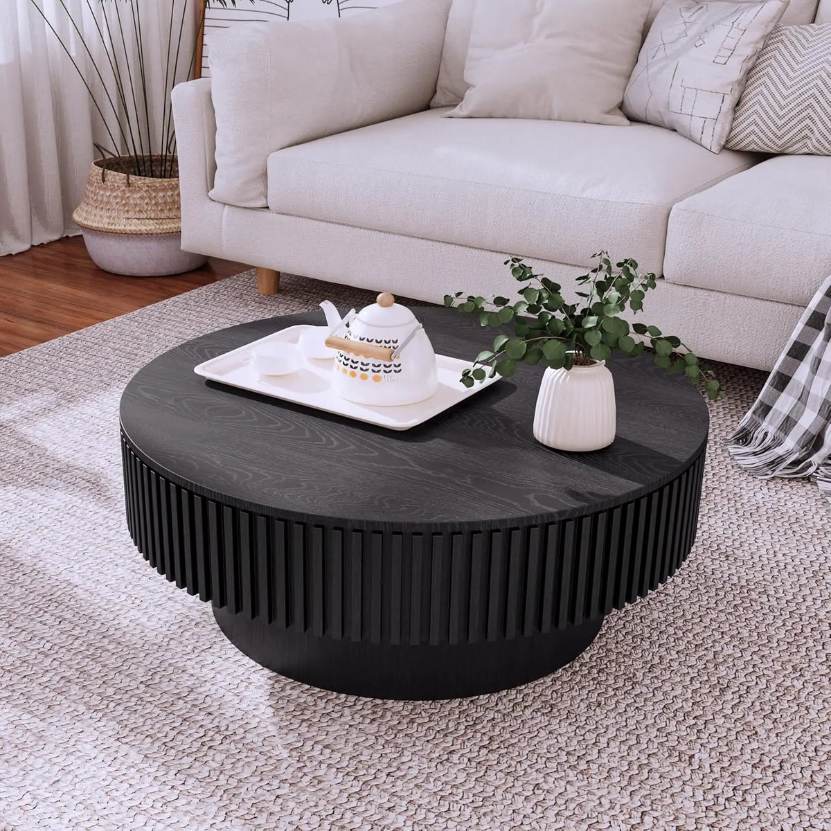 Round Wood Coffee Table for Living Room Modern Rustic Fluted Solid Wood Coffee Table Pedestal Center Table Circle Tea Tables