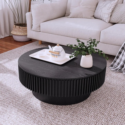Round Wood Coffee Table for Living Room Modern Rustic Fluted Solid Wood Coffee Table Pedestal Center Table Circle Tea Tables