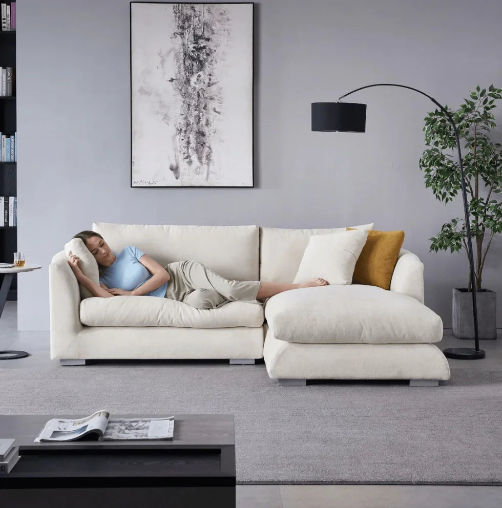 Modern Home Living Room Sofa Set White Linen Feather Cream Beige Fabric L Shaped Corner Modular Couches Sectional Sofa