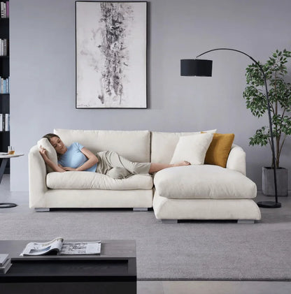 Modern Home Living Room Sofa Set White Linen Feather Cream Beige Fabric L Shaped Corner Modular Couches Sectional Sofa