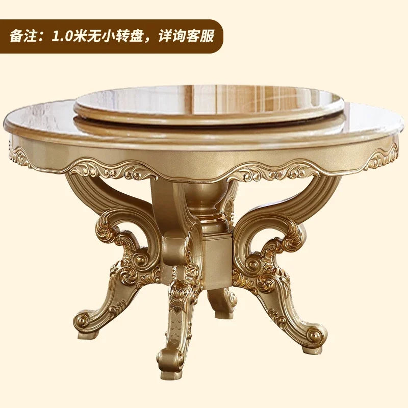 A55 European dining table andchairs American marble round table with turntable solid wood carving flower luxury champagne gold r