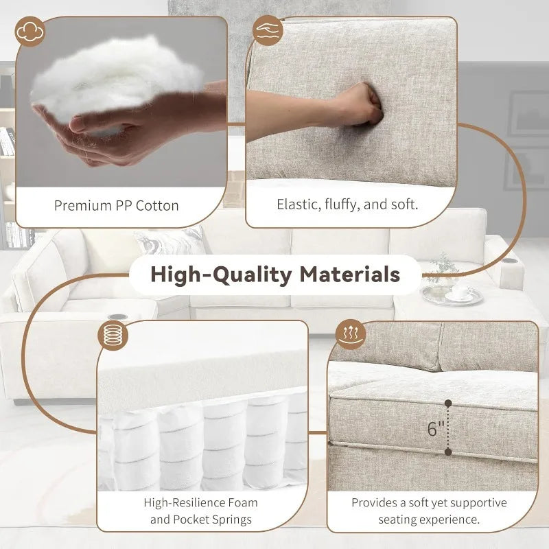 119" U Shaped Sectional Sofa, 6 Seat Chenille Corner Couch Set, for Living Room, Apartment, Beige