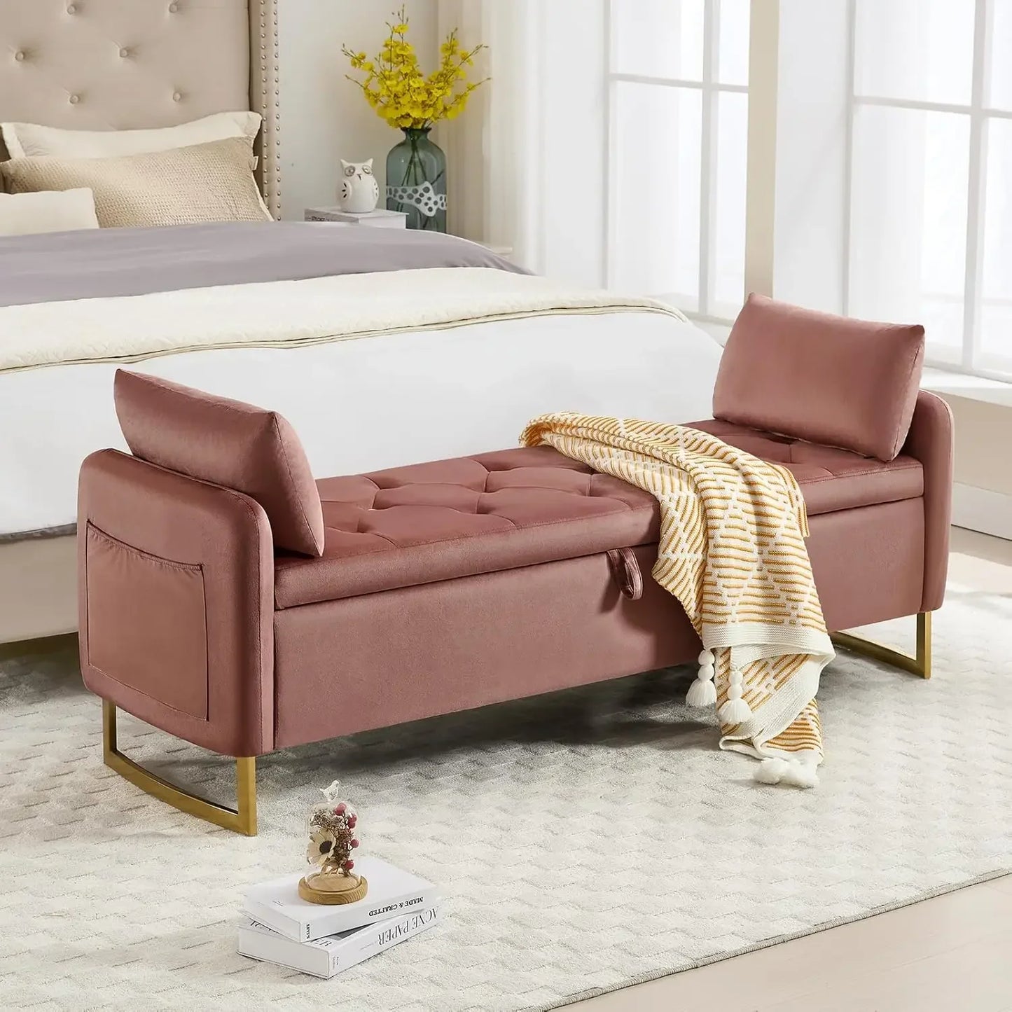 65" Storage Ottoman Bench, End of Bed Storage Bench King Size with Tufted Button Upholstered and Gold Legs, Bedroom Benches with