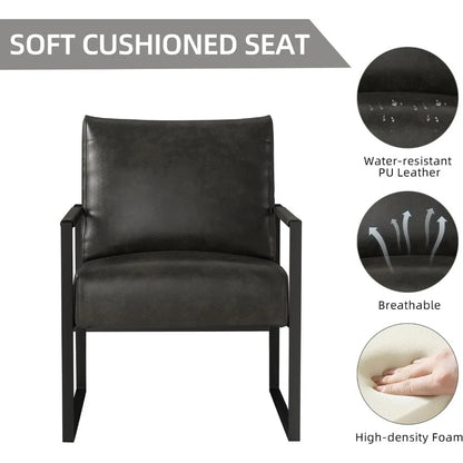 Leather Accent Chair with Metal Frame, Comfy Living Room Chair with Plump Backrest and Cushion, Mid Century Modern Chair