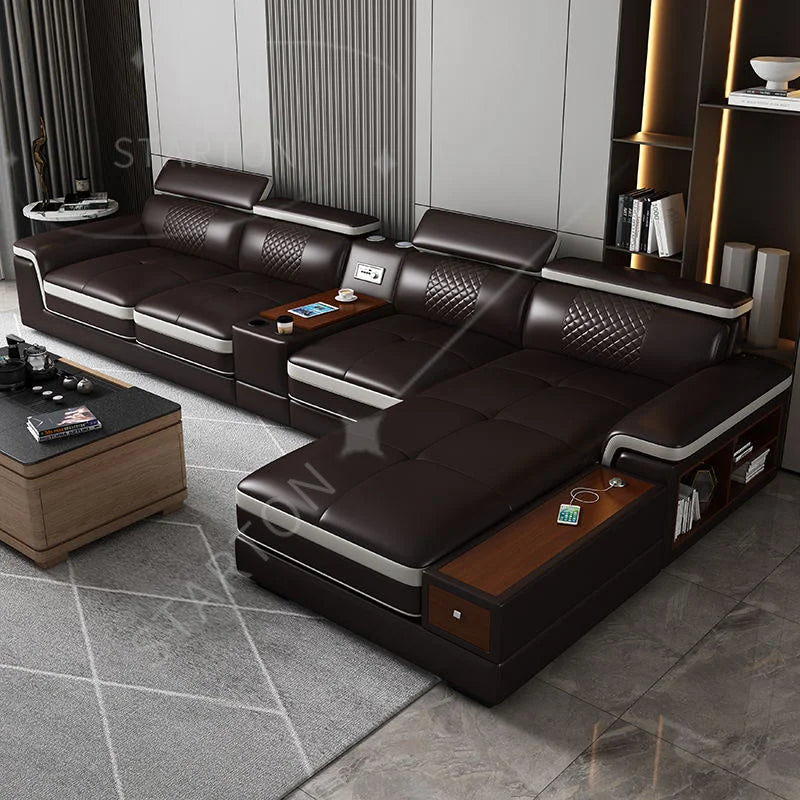 Stylish  Leather Sofa for Living Room with Cup Holder, USB, Adjustable Headrests & Bluetooth Speaker