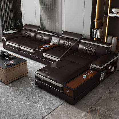 Stylish  Leather Sofa for Living Room with Cup Holder, USB, Adjustable Headrests & Bluetooth Speaker