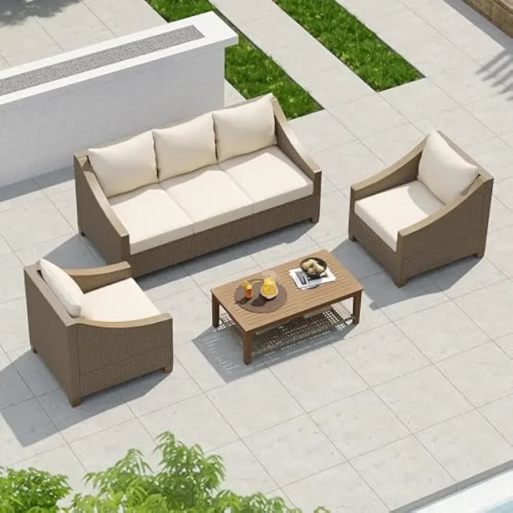 ad 4-Piece Furniture Outdoor Conversation Sofa Set with Wooden Coffee Table and Cushions Seating, 5 People Patio Couch Sectional