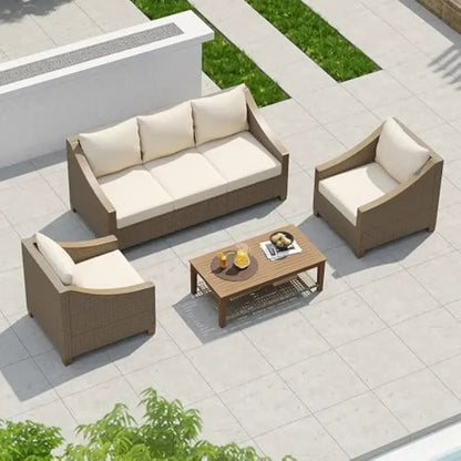 ad 4-Piece Furniture Outdoor Conversation Sofa Set with Wooden Coffee Table and Cushions Seating, 5 People Patio Couch Sectional